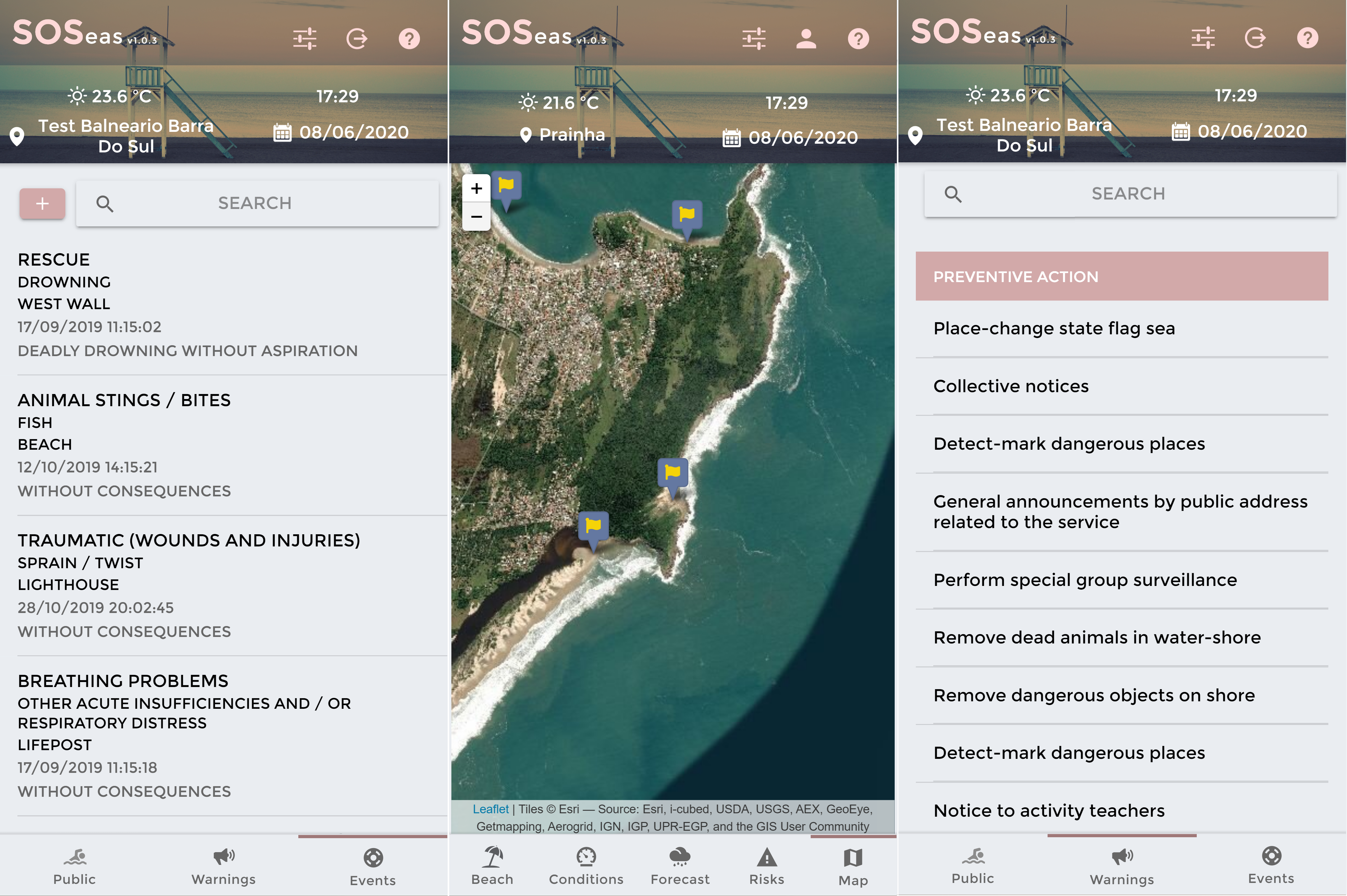 Screenshots of SOSeas "Events", "Map" and "Warnings" panels